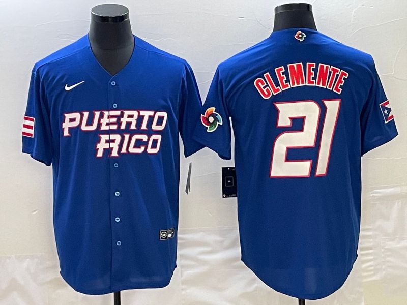 Men 2023 World Cub Puerto Rico #21 Clemente Blue Nike MLB Jersey2